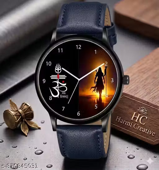 HC HARMICREATIVE Black Gold Shivay Dial Blue Leather Watch For Men Boys Pack OF 1